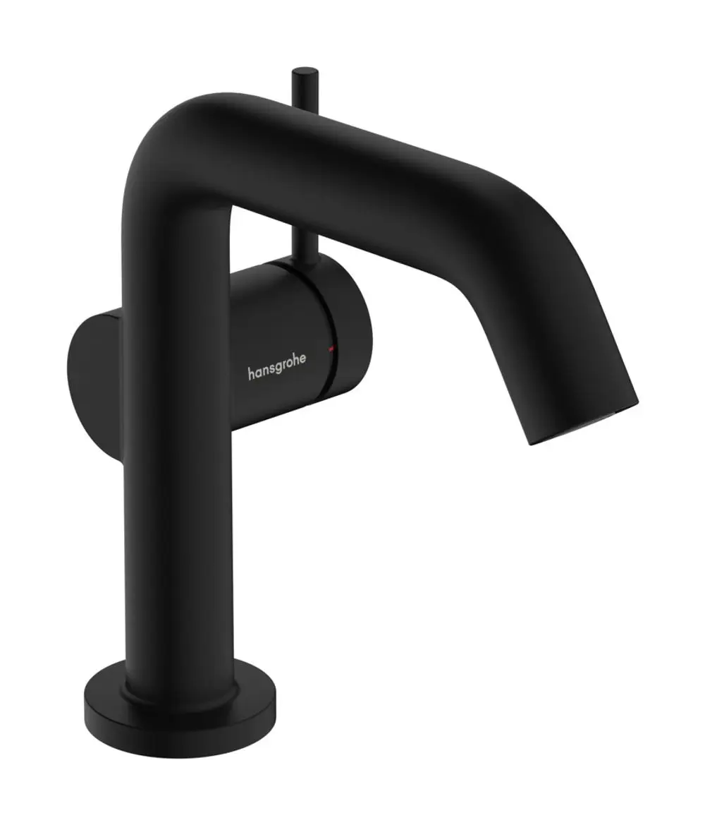 Schwarzer Einhebel-Waschtischmischer von Hansgrohe mit ausgezogenem Auslauf und Push-Open Ablaufgarnitur, elegant gestaltet für moderne Badezimmer.